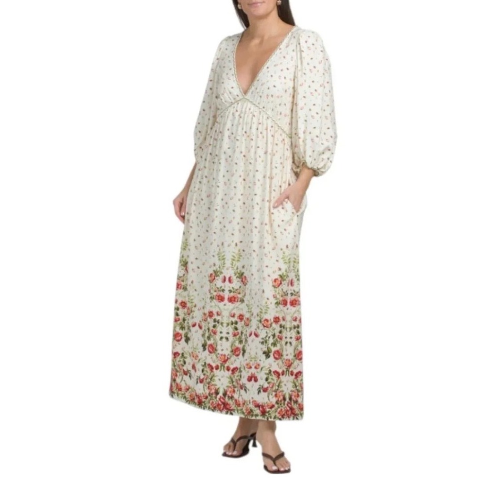Max Studio London Floral V-Neck Maxi Dress Ivory Rose Print XL NWT